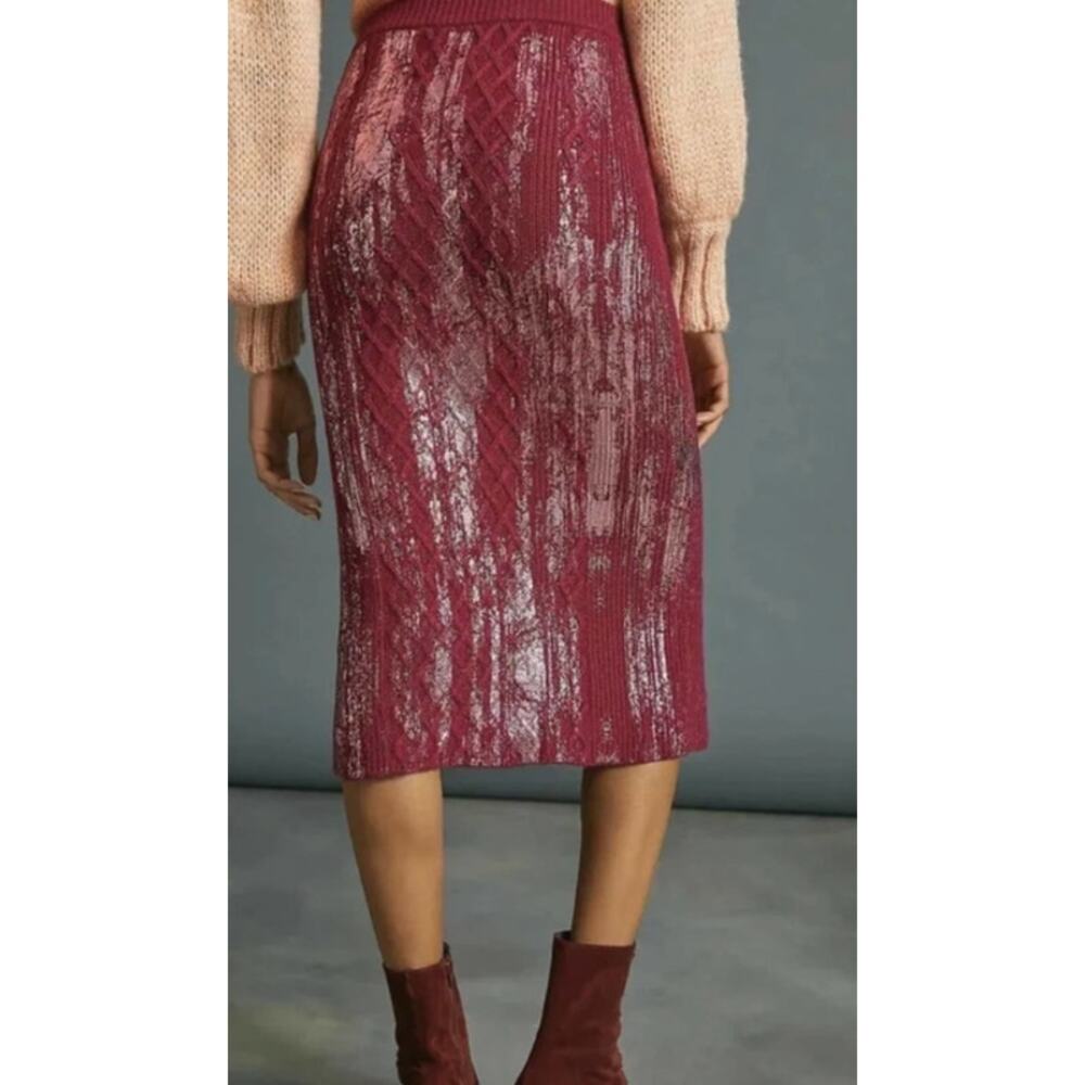 NEW ANTHROPOLOGIE SKIRT KNIT BURGUNDY RED METALLIC FESTIVE PARTY WOOL ALPACA - Picture 3 of 13
